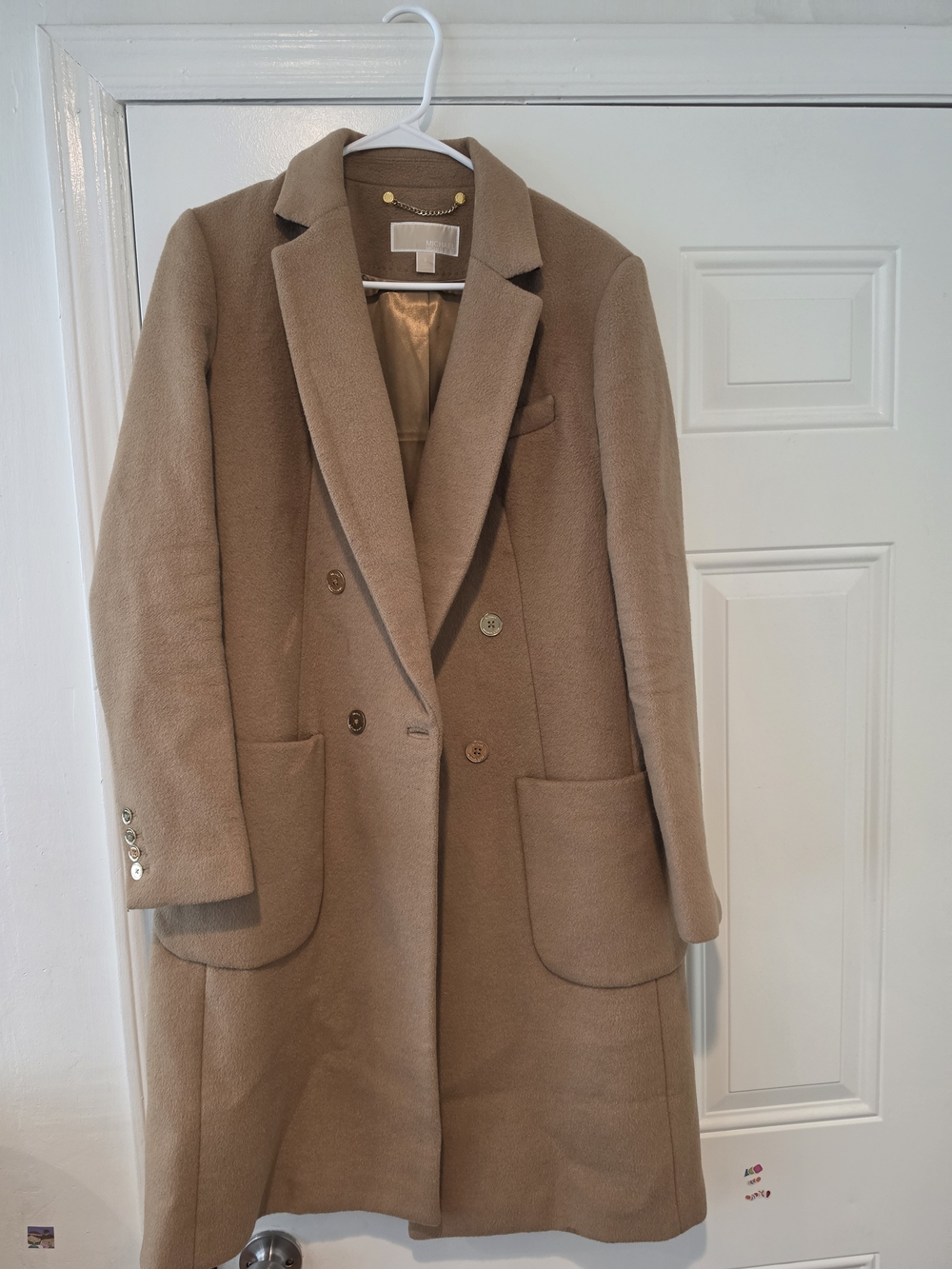MICHAEL Michael Kors Camel Wool Coat with Gold Chain Detail